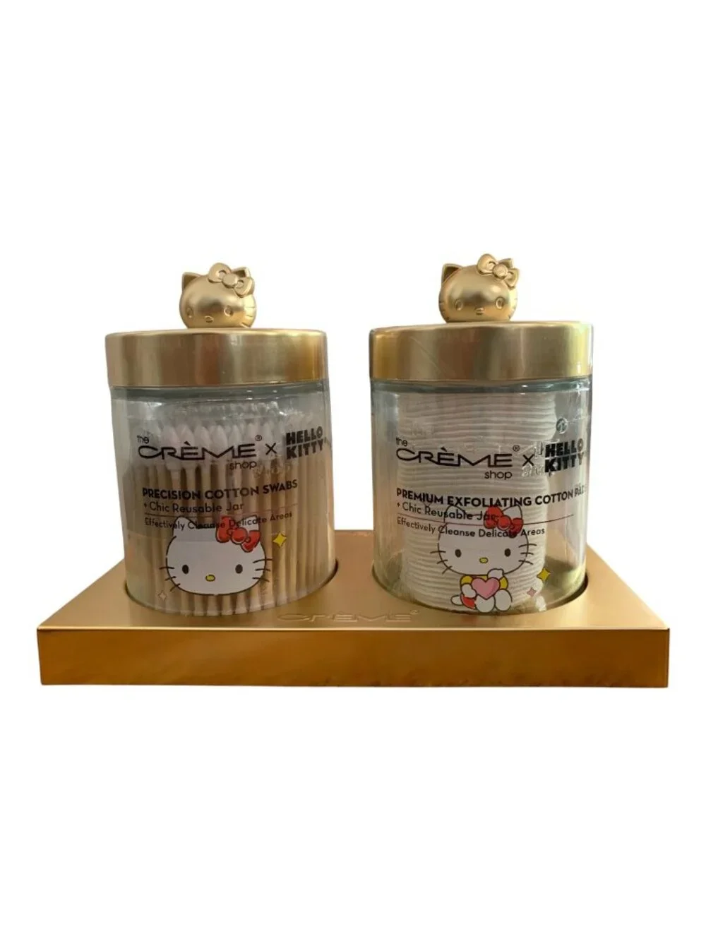 The Crème Shop x Hello Kitty Glass Jars & Base Set Cotton Pads & Swabs Gold New